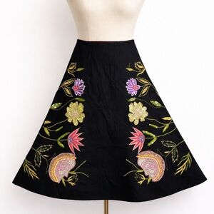 Basil & Maude Black Embroidered Sequin Floral A-Line Midi Skirt Size 2